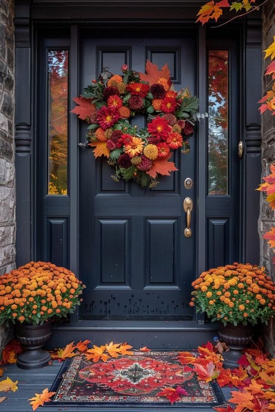 Couronne de porte en feuilles et baies pour une décoration automne.