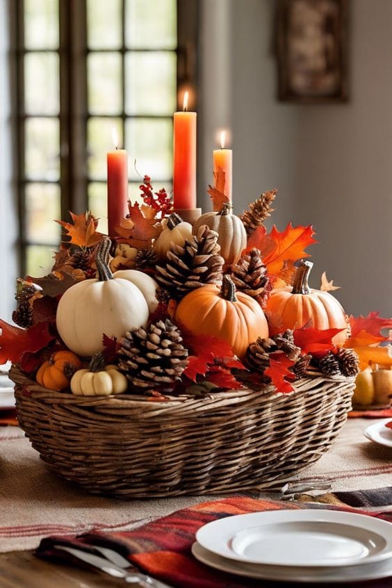 centre de table avec citrouilles et bougies pour une décoration d'automne élégante.