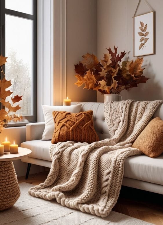 décoration automne, coussins orange et plaid douillet