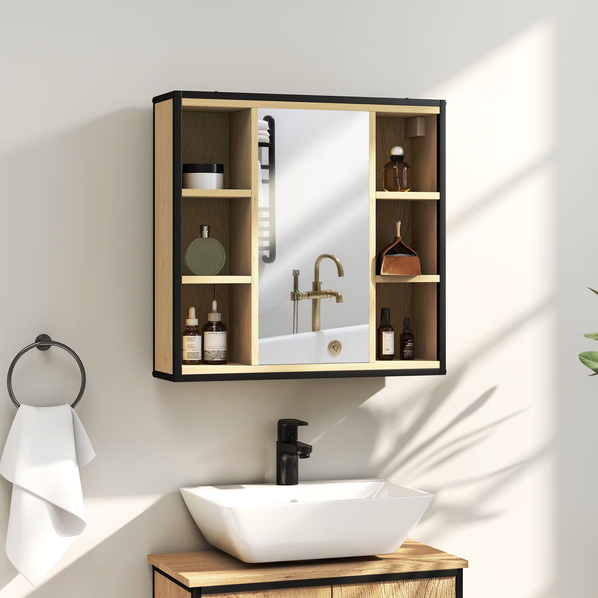 Armoire murale salle de bain avec miroir 6 compartiments ouverts chêne