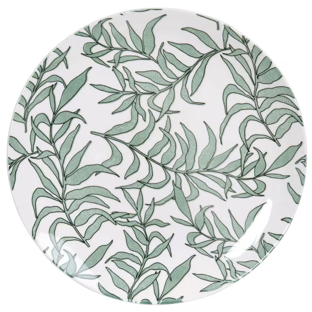 Assiette plate en porcelaine blanche motif végétal vert