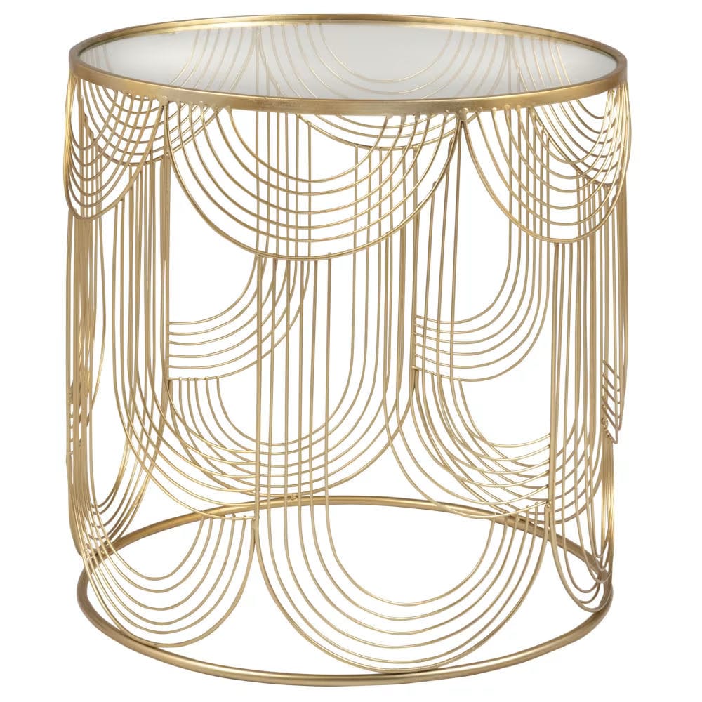 Bout de canapé en verre trempé et métal filaire doré