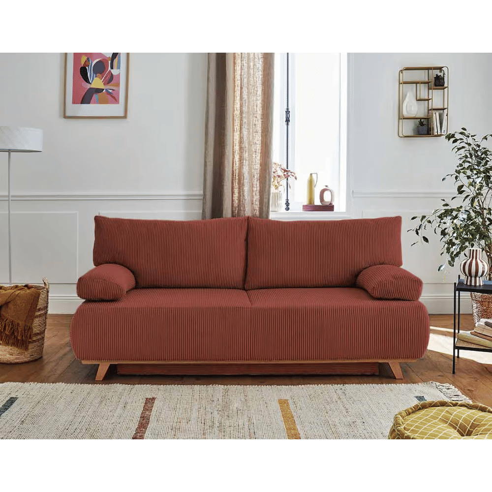 Canapé droit convertible 3 places en velours côtelé terracotta