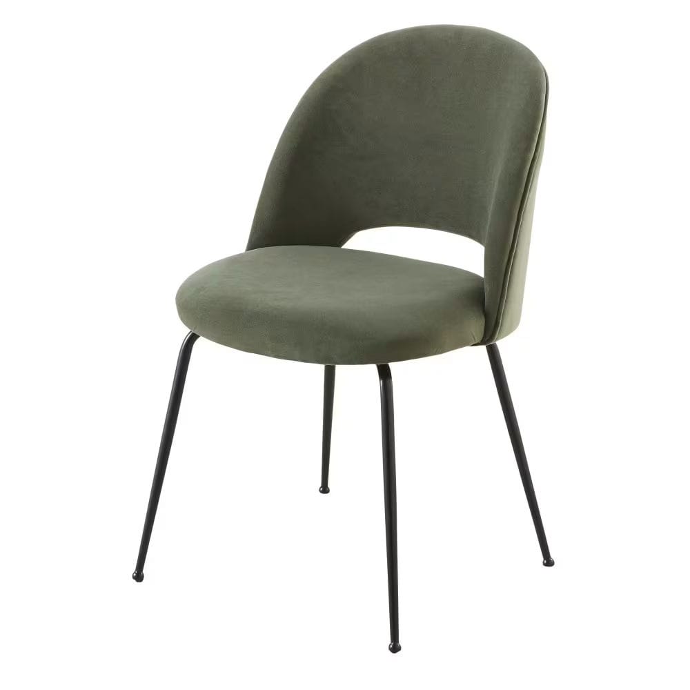 chaise en velours vert kaki et acier noir