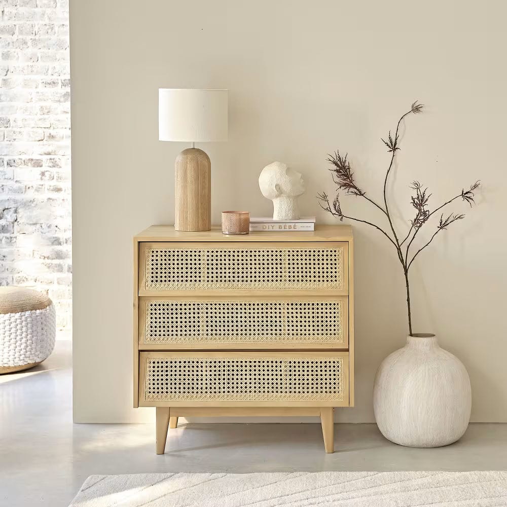 Commode 3 tiroirs et cannage en rotin