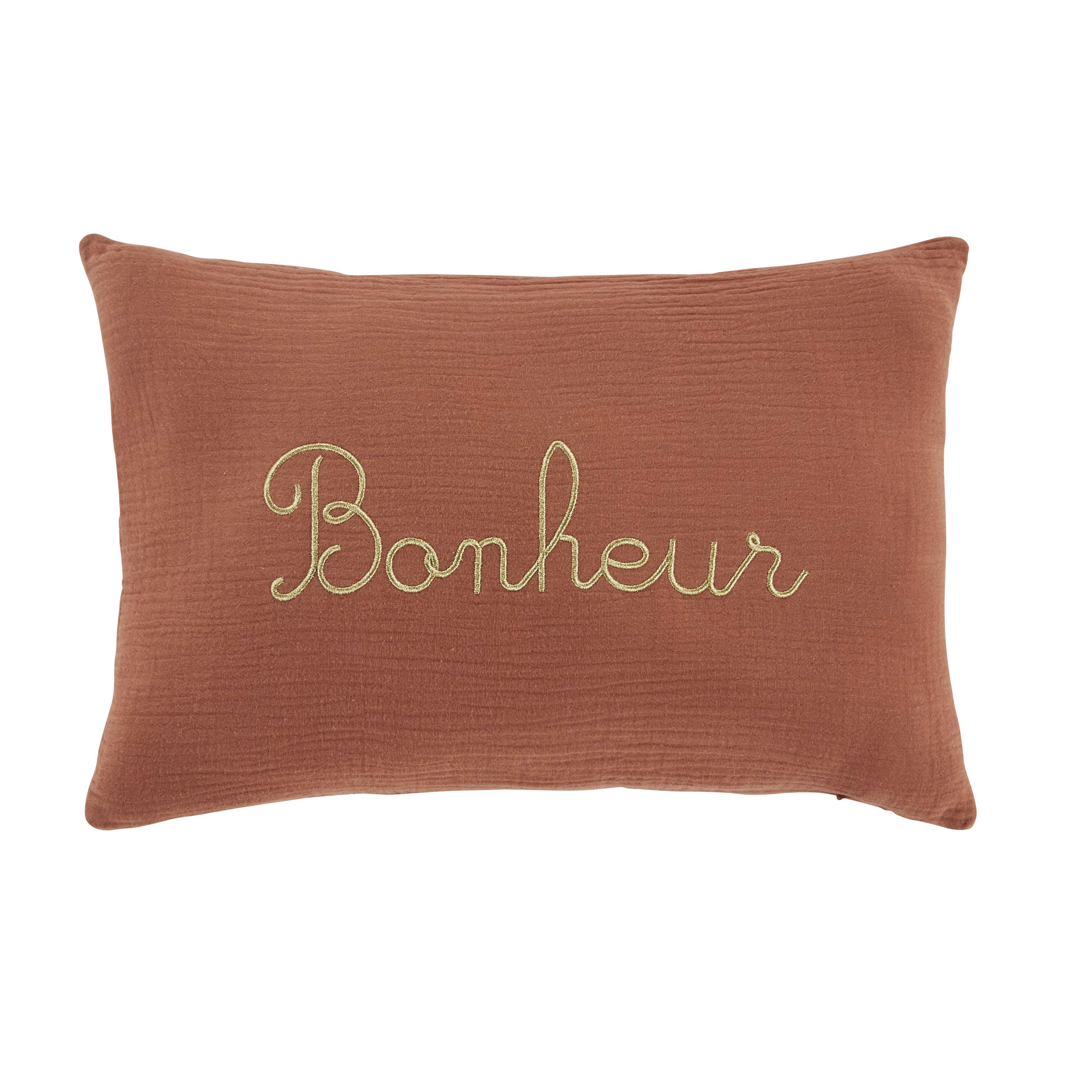 Coussin en gaze de coton imprimé "Bonheur" doré et terracotta, 25x40