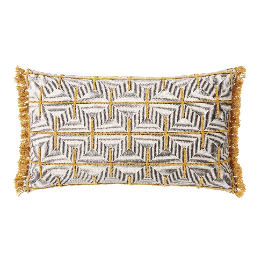 Coussin motifs graphiques multicolores à franges 50x30