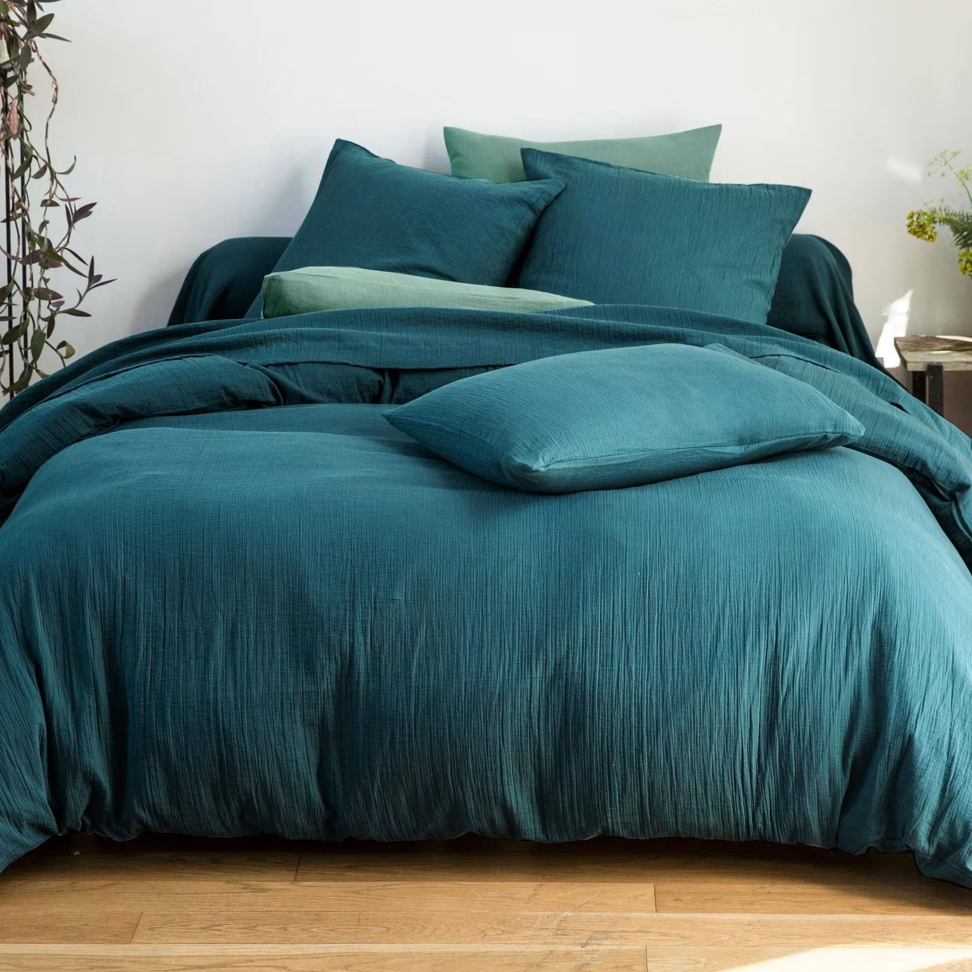 Drap-housse en coton bleu canard 140x190x28cm