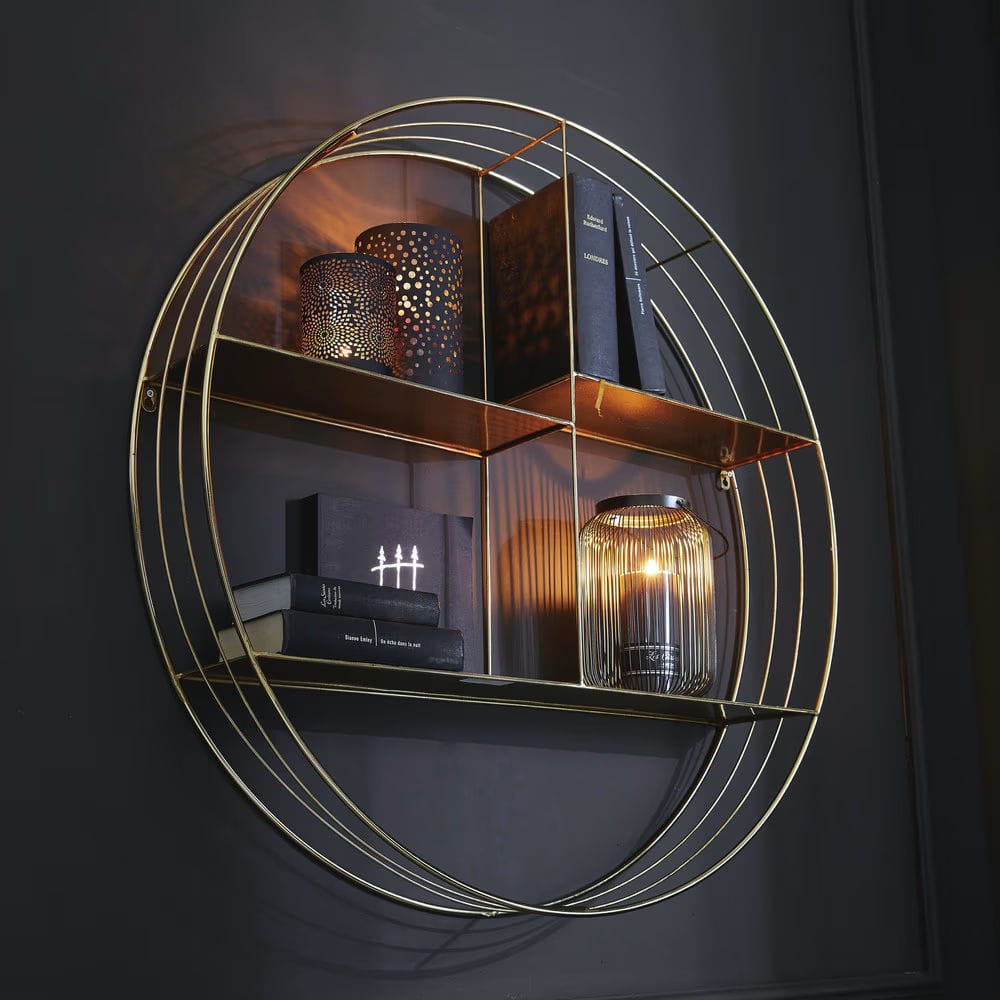 étagère murale ronde en métal doré