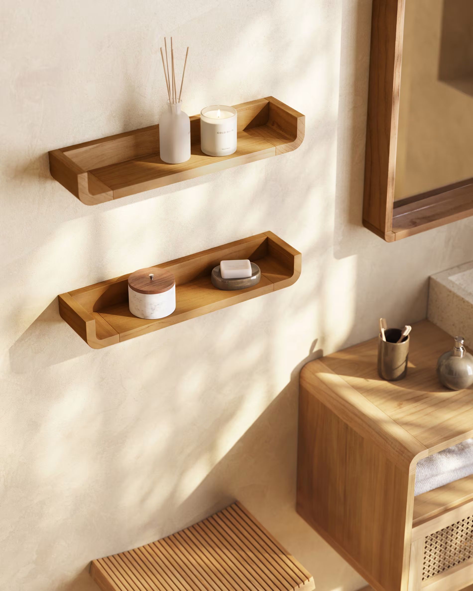 étagères design en teck pour salle de bain