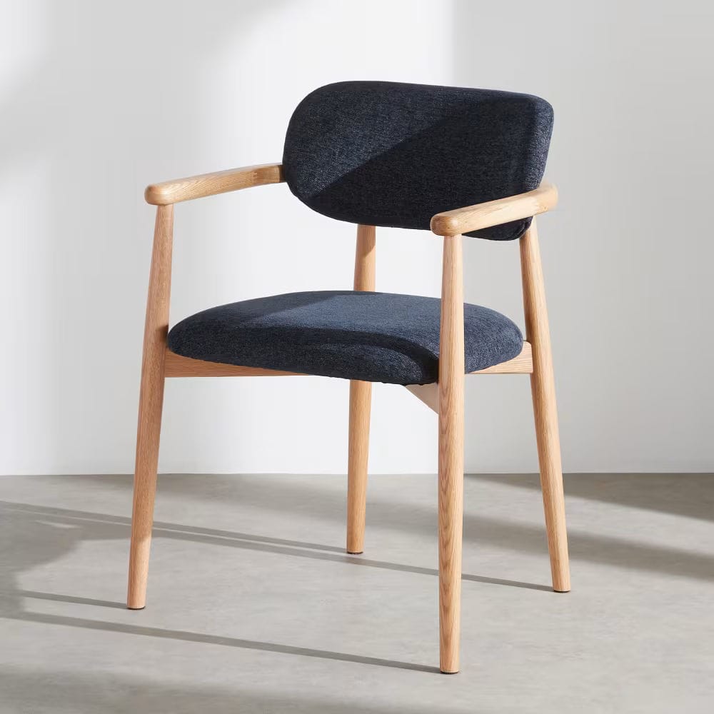 fauteuil de table en textile bleu et bois de chêne
