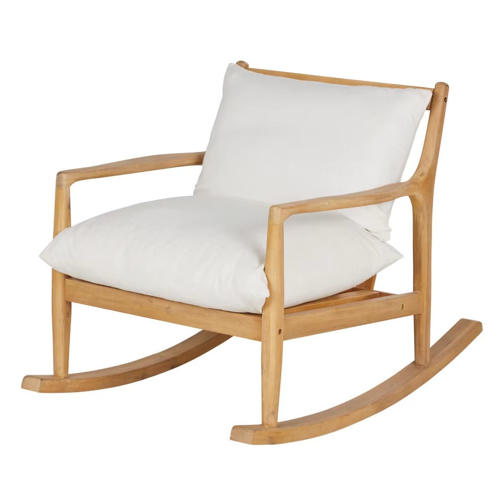 Fauteuil rocking chair en bois d'acacia coussins en coton et lin écru