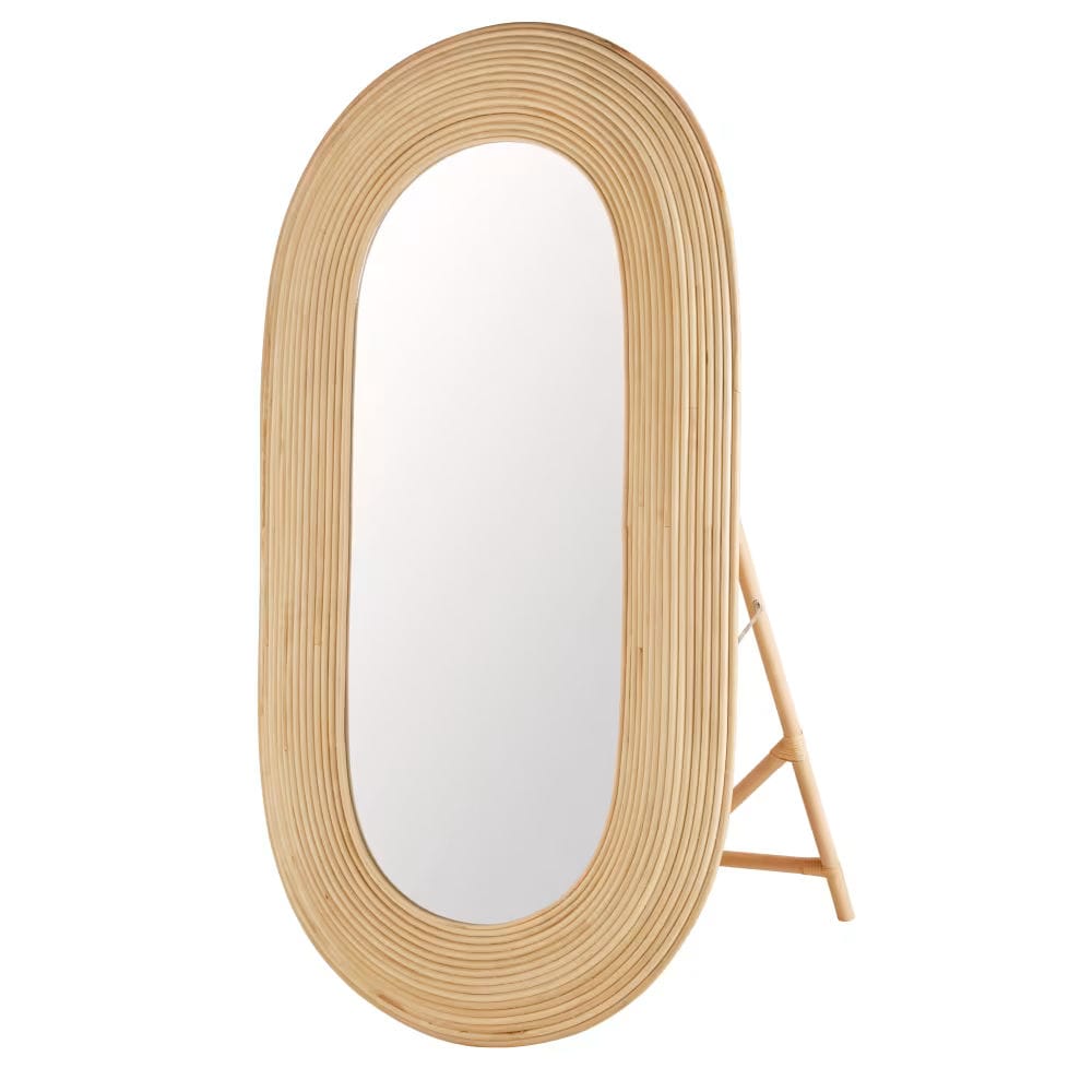 Grand miroir ovale en rotin sur pied 