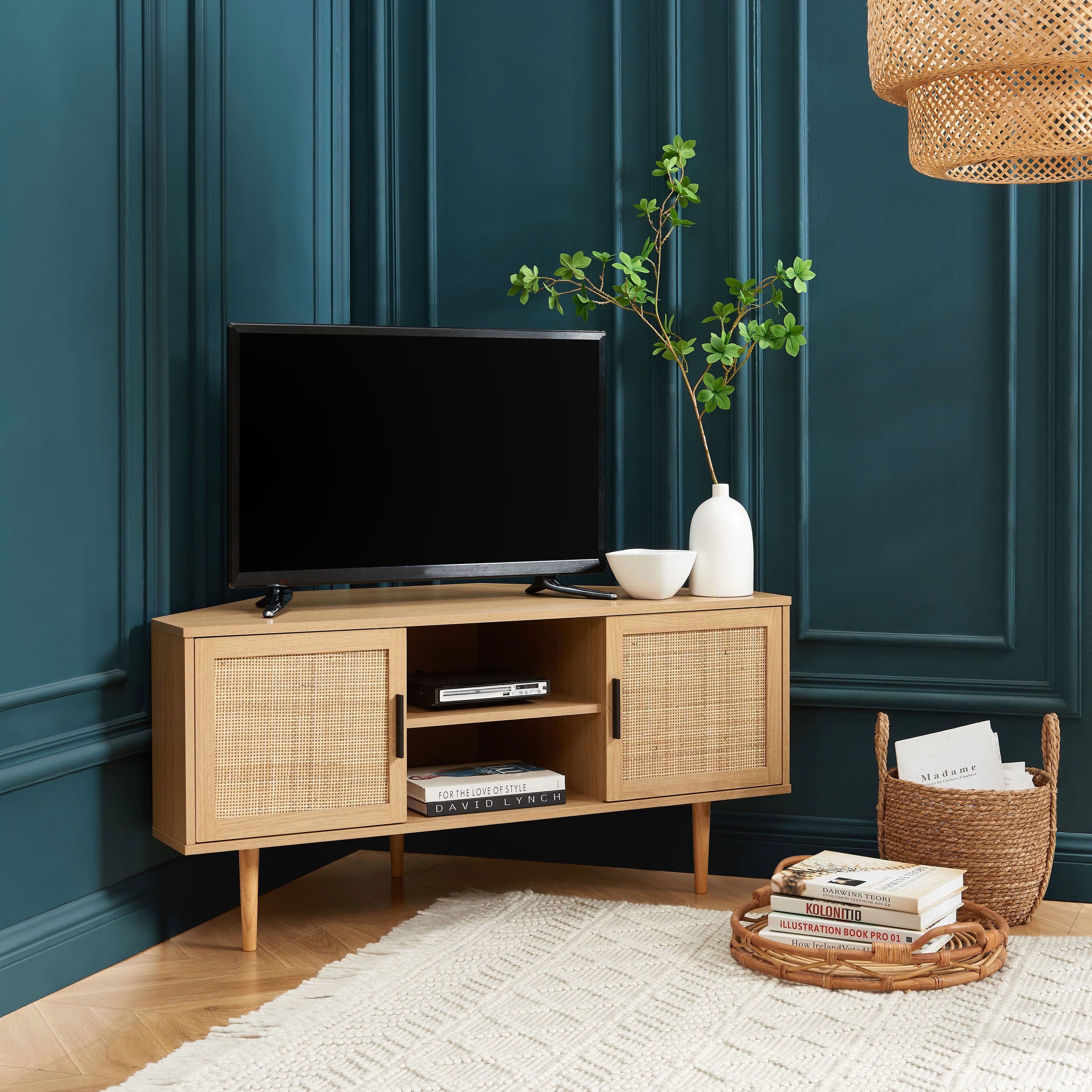 Meuble télé d'angle effet chêne et cannage rotin avec 2 portes