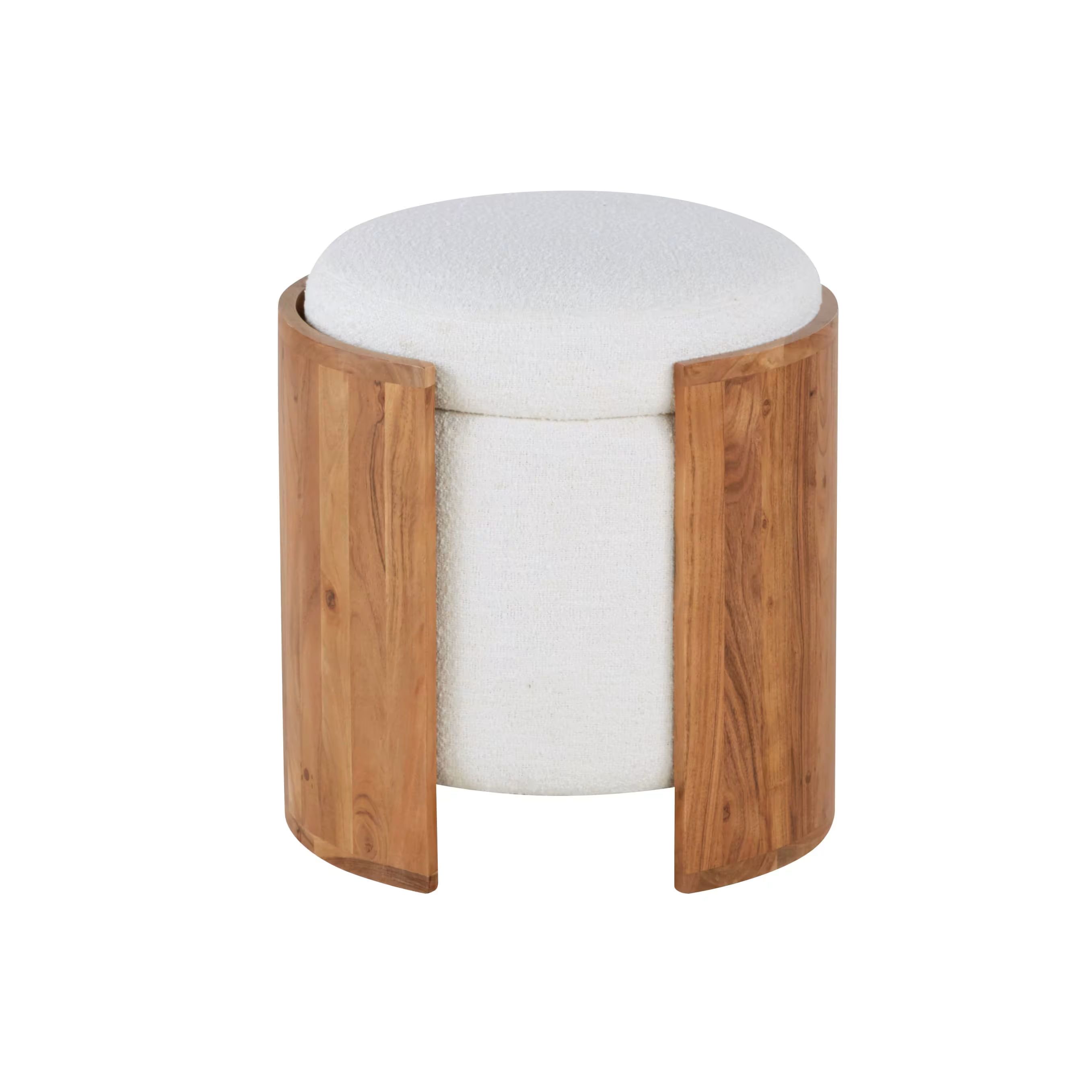 pouf coffre bouclettes blanches et bois d'acacia