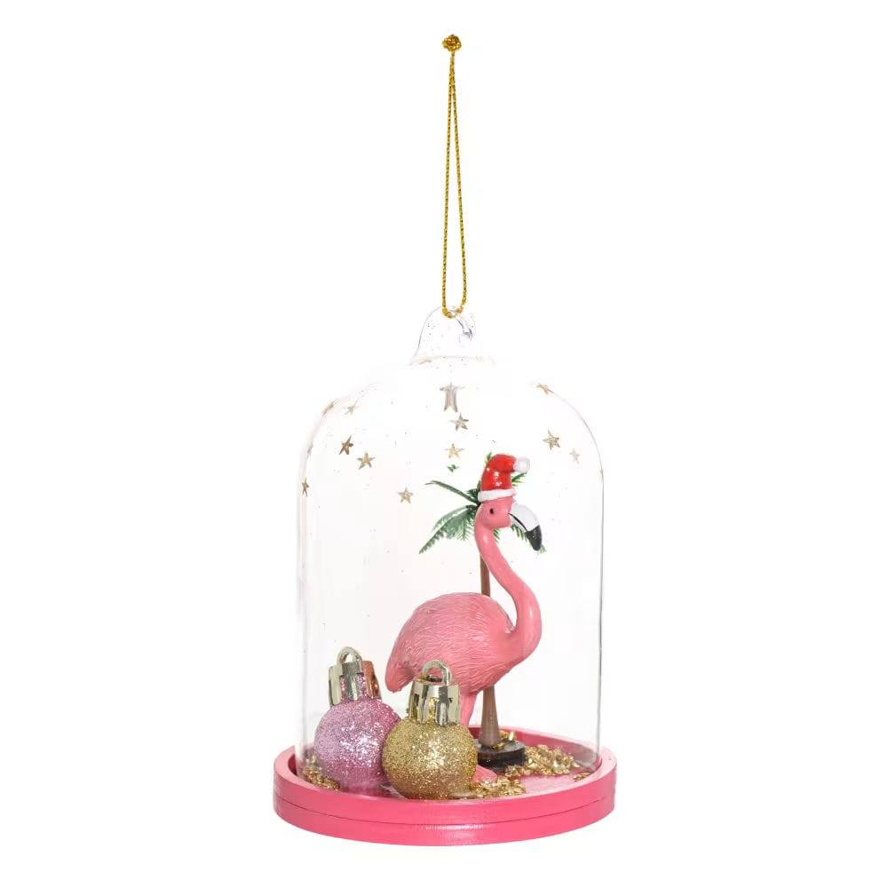 suspension de noël cloche transparente avec flamant rose